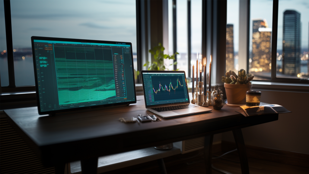 MT4 vs. MT5: A computer monitor and laptop displaying MetaTrader platform.